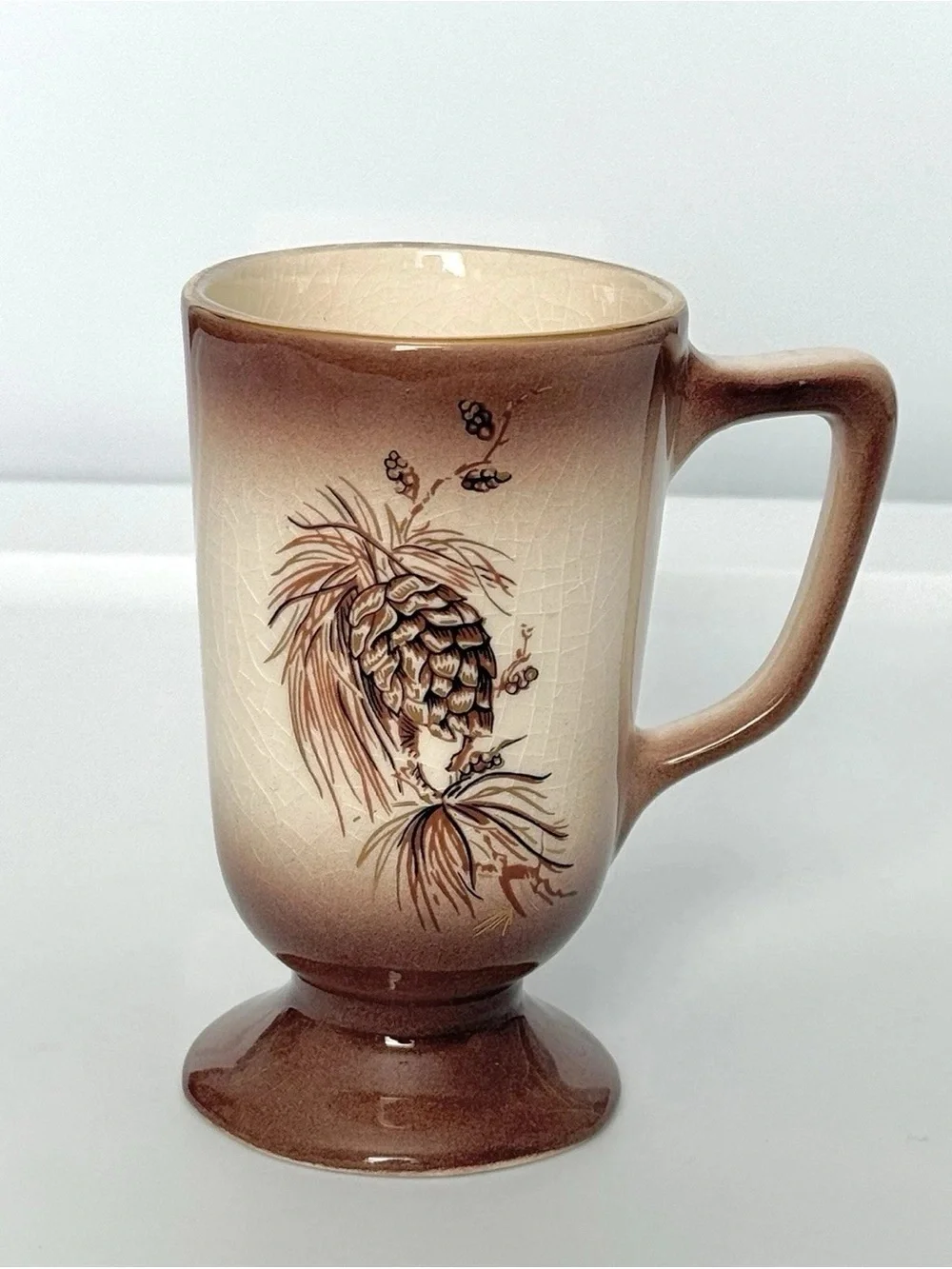 Pinecone Pedestal Mug Brown Cream Crackle Glaze Cabin Cottagecore Cup